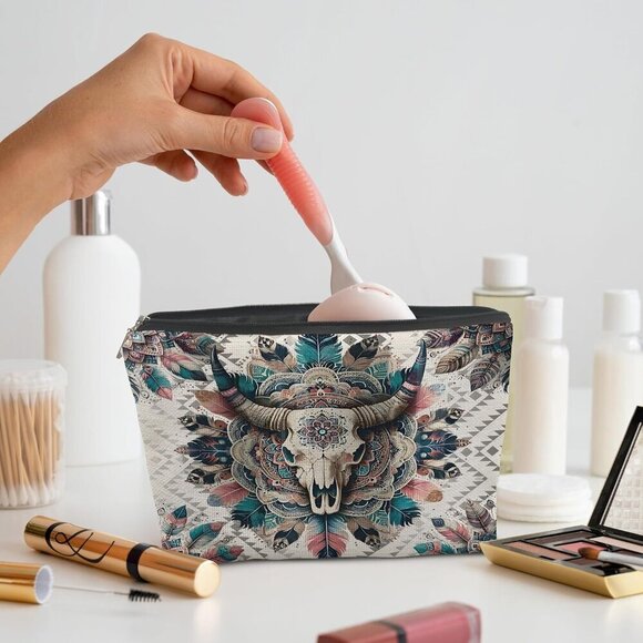 Boho Western Makeup Bag, Western Bull Skull Aztec Cosmetic Bag Toiletry Bag, Wes - Picture 2 of 5